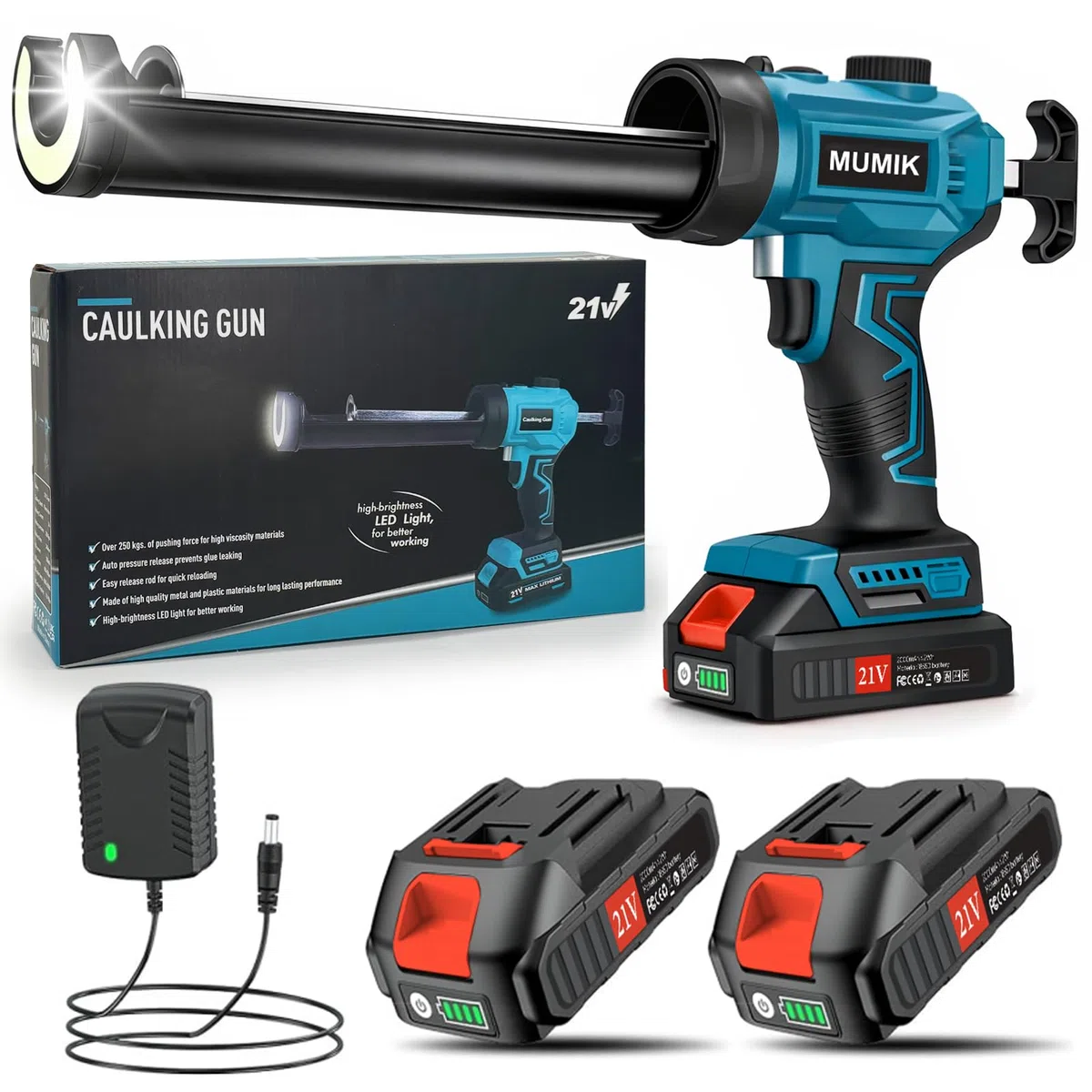 Pistola per Silicone a Batteria, Pistola Silicone Professionale con 2 x 2000 mAh batterie, Controllo Della Velocità Continuo, Luce LED, Pistola per Cartucce da 300ml