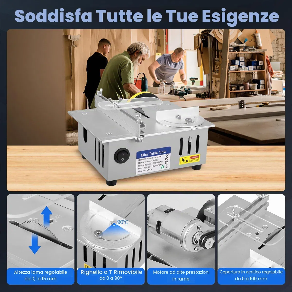 Mini sega circolare da tavolo con disco per lucidatura e 4 lame, mini sega circolare con alimentatore di rete a 7 marce, lama per sega regolabile da 0,1 a 15 mm, sega circolare portatile piccola per