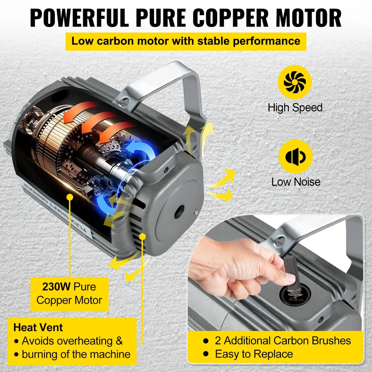 VEVOR Mulino Flessibile Sospeso SR 230w, Albero Motore Flessibile per Incisione SR con Preciso Mandrino a Tre Griffe, con Motore in Rame Puro, per Riparazione, Perforazione, Molatura, Lucidatura