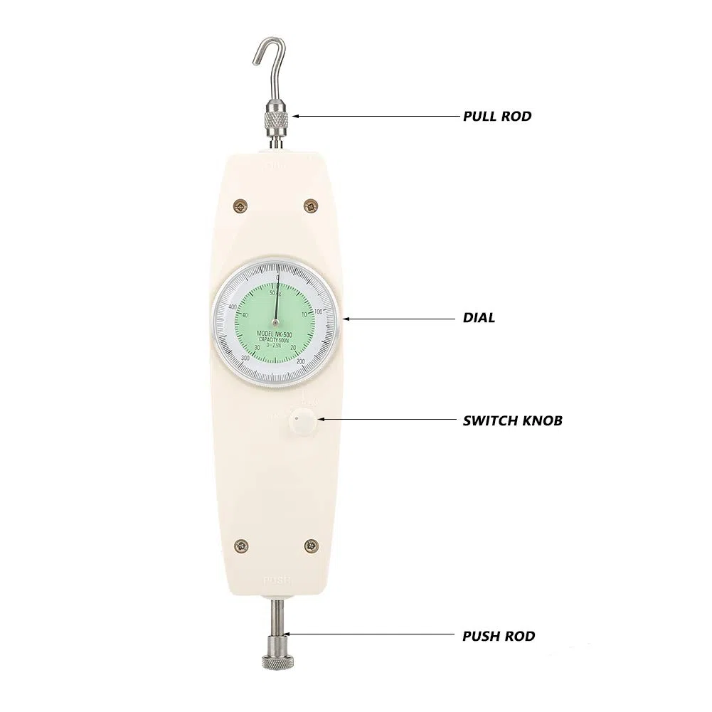 Shopping Pazzo Dinamometro Traino Spinta, 500N dinamometro analogico misuratore di strumento tester di spinta push pull meter calibro, bianco