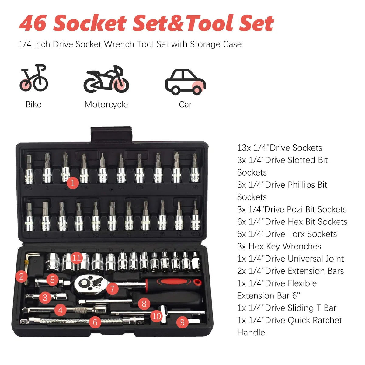 Set di chiavi a bussola, 46 pezzi, cromate da 1/4", piccola scatola a cricchetto con cricchetto reversibile, mini cassetta a cricchetto per la riparazione a casa e fai da te, colore: nero