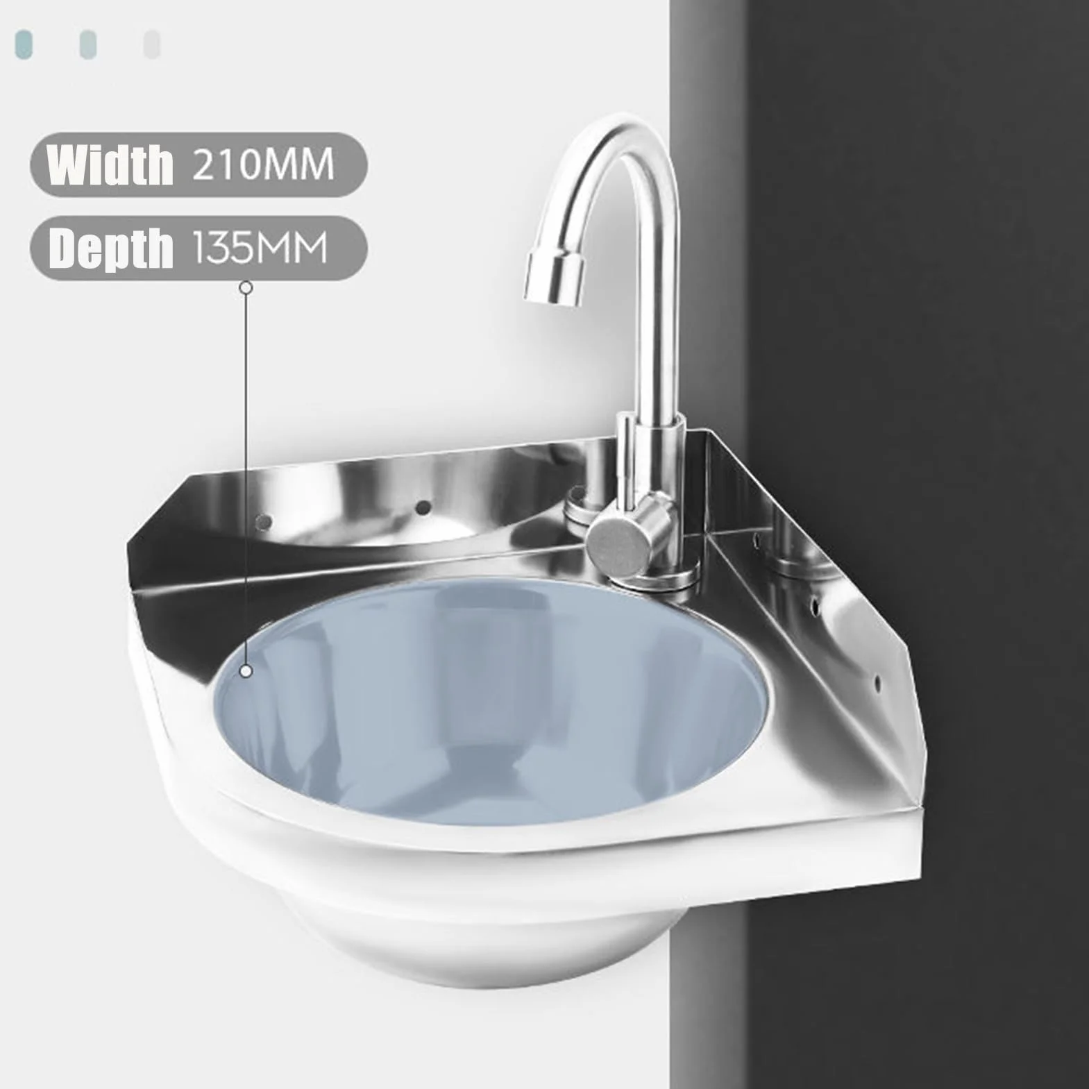 Lavabo Angolare in Acciaio Inox, Triangolare, A Parete, 26x26 cm, Per Bagno, Wc, Garage, Camping-Car, Barca
