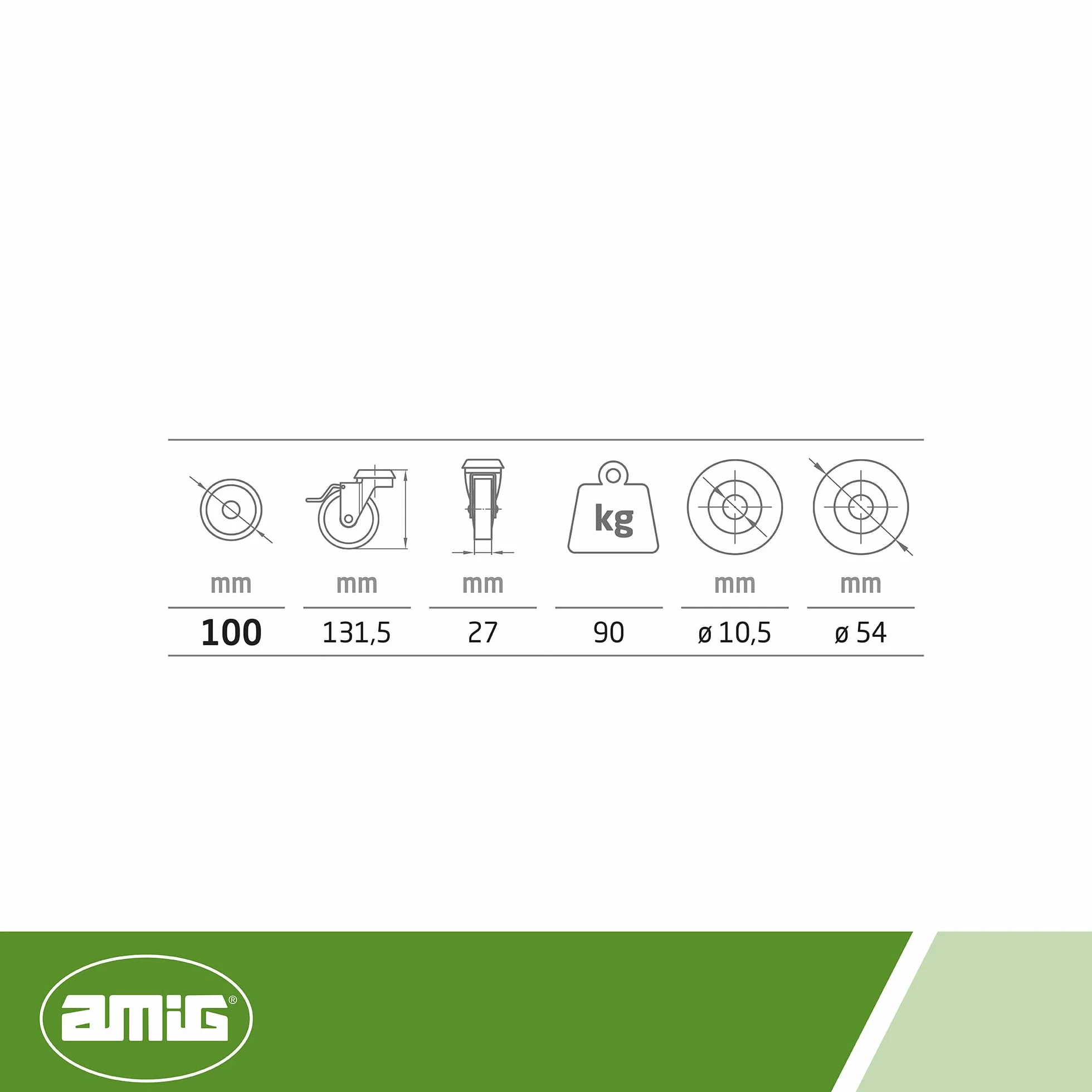 Amig – Pack da 4 ruote con freno – Ø 100 x 27 mm – Ruote girevoli con piastra in acciaio inox con foro – Portata massima 90 kg – Per spostare mobili pesanti – Nucleo in polipropilene – Gomma nera