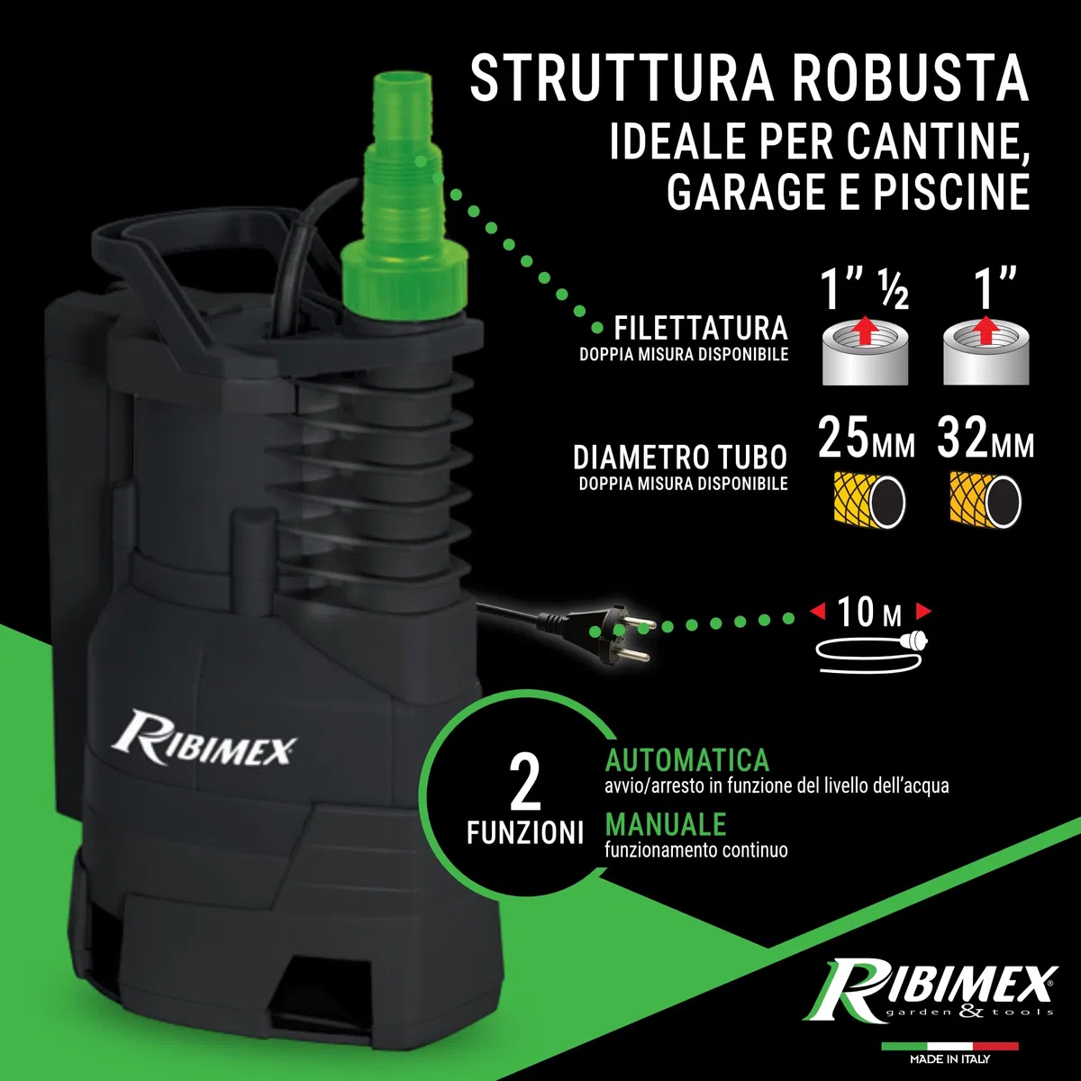 Ribimex Pompa Sommersa per Acque Scure con Particelle fino a 35 mm, 750W, Portata 13.500L/h, Profondità Max 7 m, Prevalenza 8 m, Galleggiante Integrato, Modalità Manuale/Automatica - PRPVC753AS