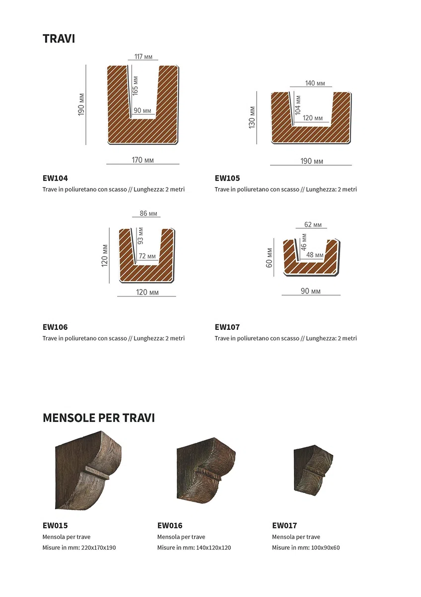 EW107 - Trave decorativa in finto legno, lunghezza 2 metri, in poliuretano leggero e resistente, per soffitto, con scasso per passaggio cavi, personalizzabile in 10 colori (Noce Scuro 52)