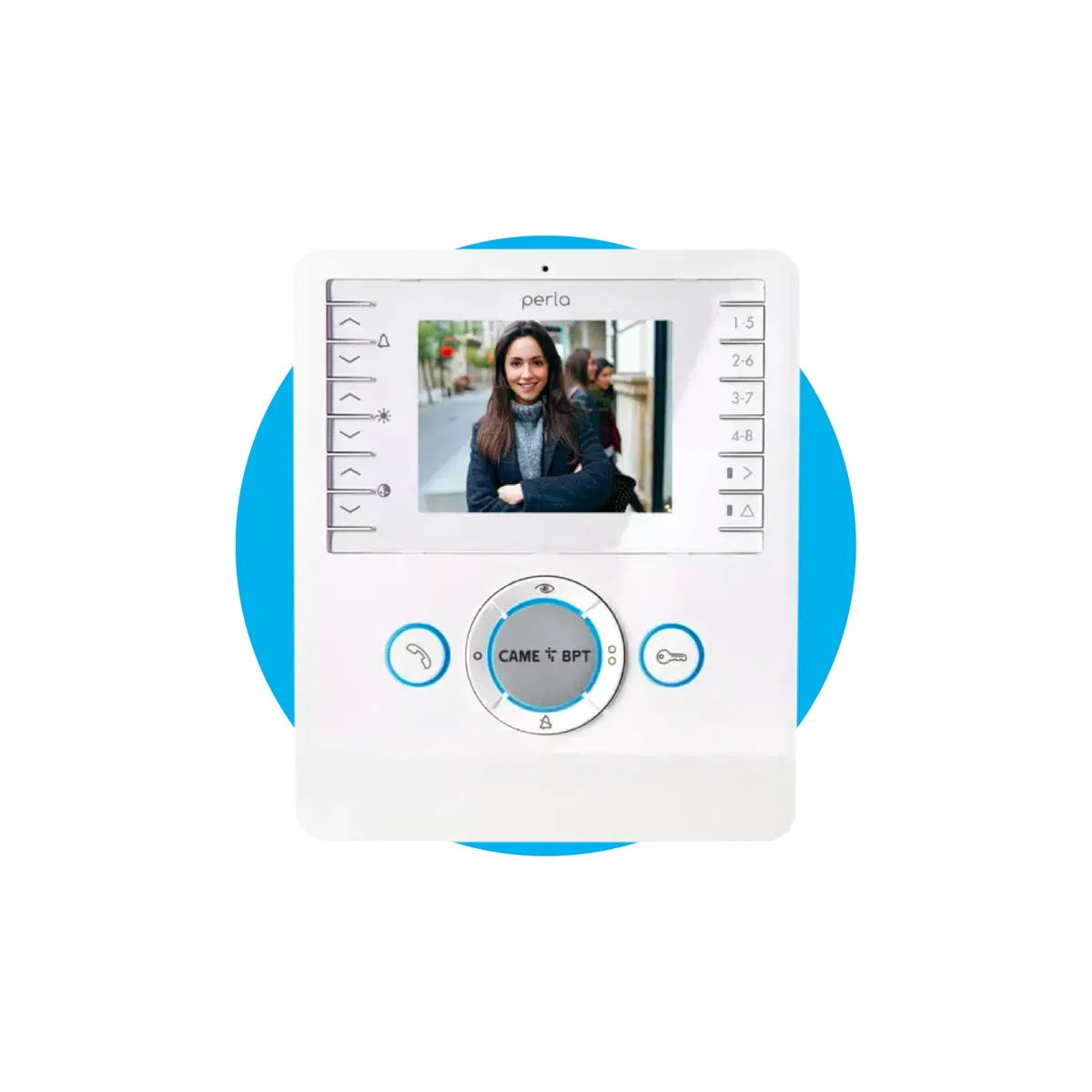 CAME Videocitofono vivavoce PERLA bianco con display LCD 3.5", ottima qualità video, due tasti AUX programmabili, compatibile con sistemi X1 e XIP, per una gestione sicura degli accessi residenziali