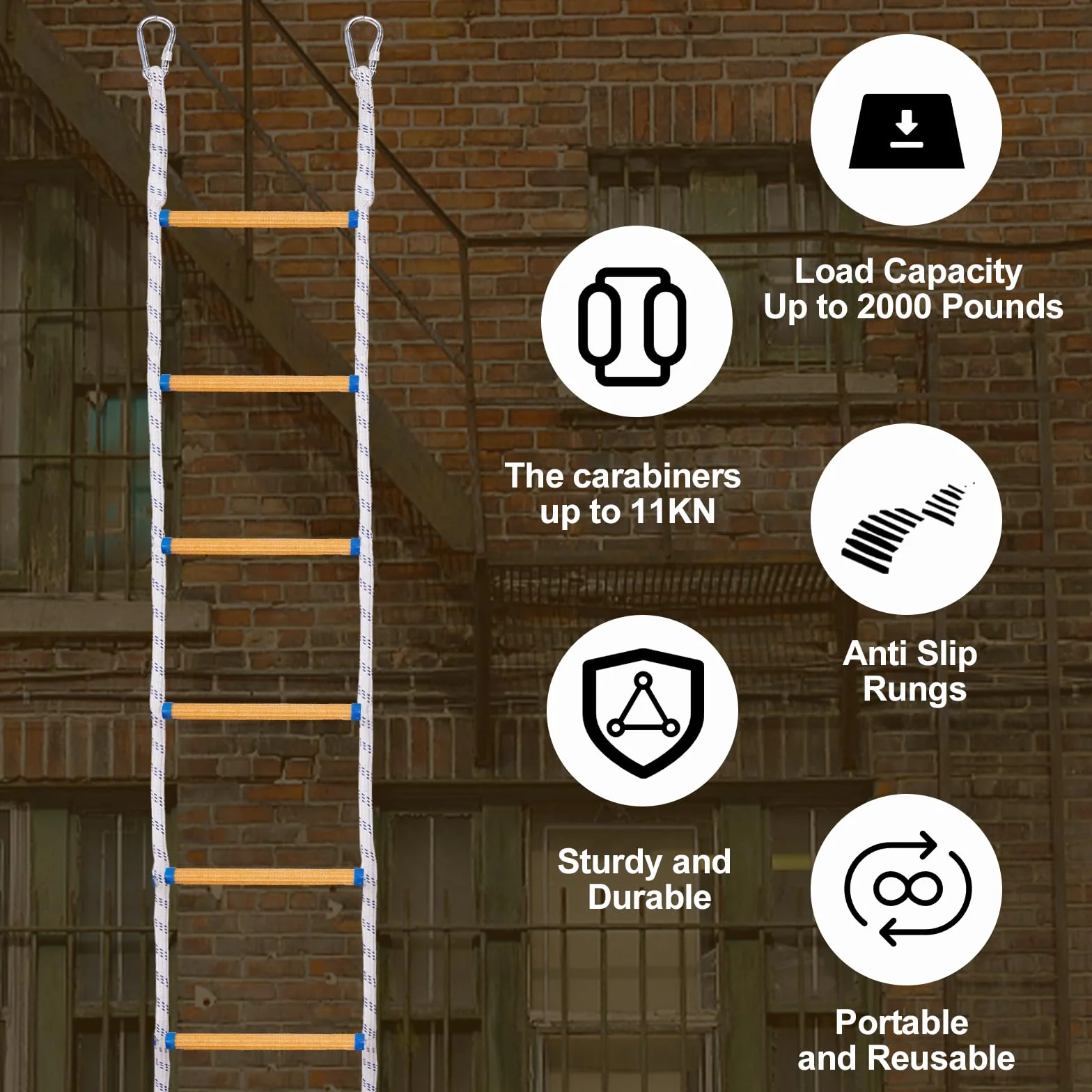 Scala Di Corda Ignifuga Da 5 m Con Moschettone, Sicurezza Di Emergenza, Portatile, Arrampicata, Resistente Allo Strappo Per Fi