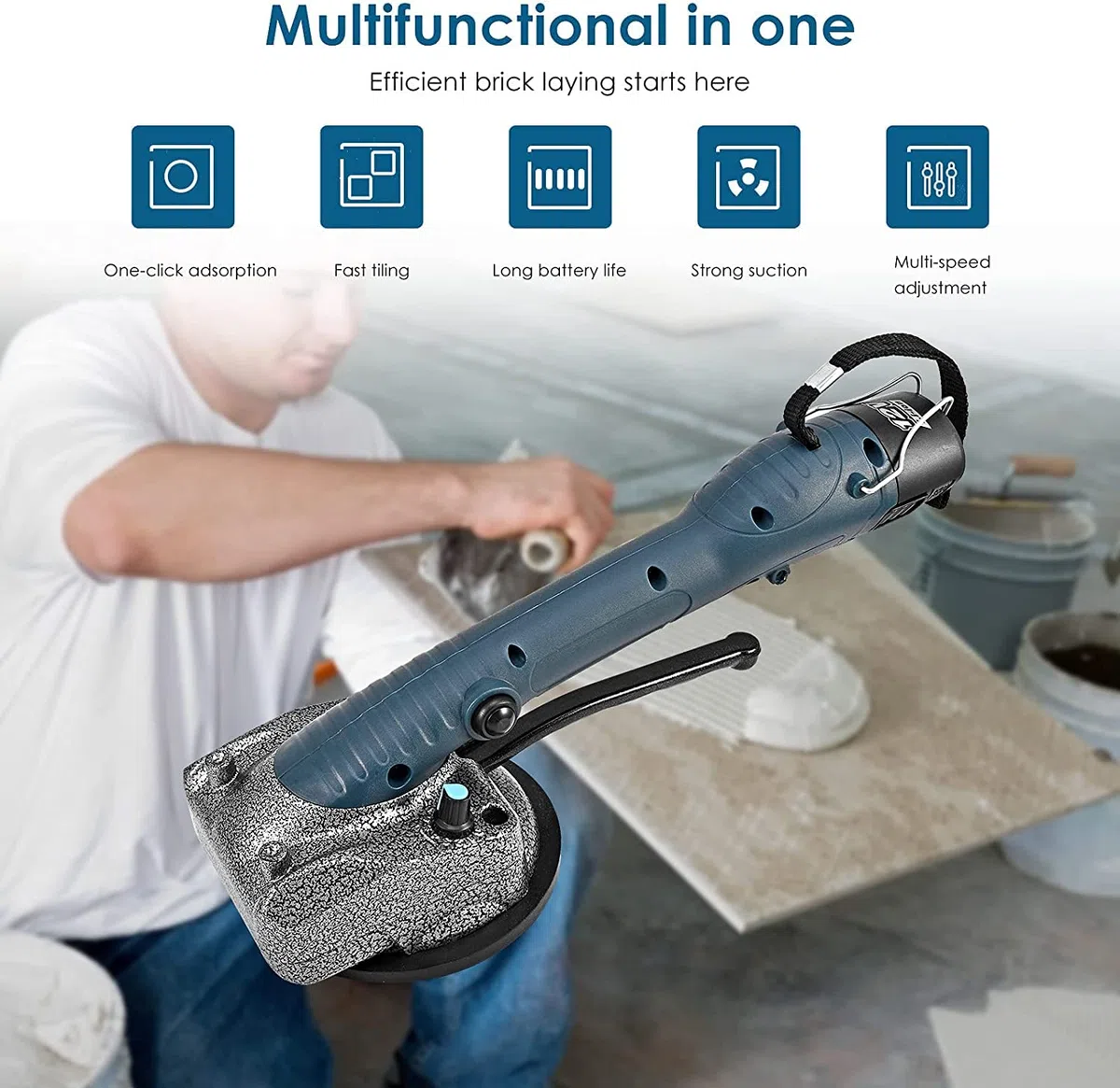 Piastrellatrice Elettrica per Piastrelle, 10-150Hz Strumento di Installazione Automatica per Piastrelle da 10 Marce Ventosa da 125 x 125 mm Portatile 45 kg & Batteria Al Litio x 2