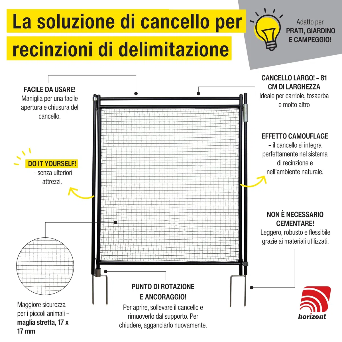 Horizont Cancello per Recinzione, 90 cm, Senza Stomaco - Porta per Reti e Giardino, Ideale per Campeggio