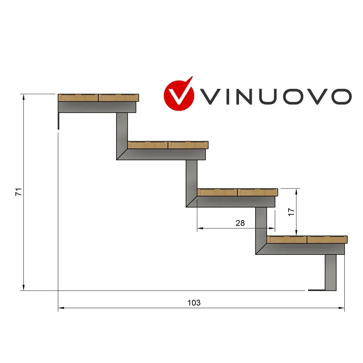 Scala in legno con limo in metallo in kit, 2-5 gradini, gradini in legno Autoclave (4 gradini, 60 cm)