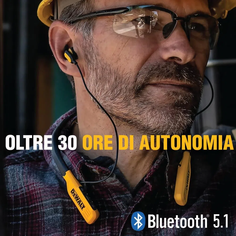 DEWALT Cuffie Bluetooth Heavy Duty con Nackenband, Auricolari Wireless da Collo con 30 Ore di Riproduzione, Isolamento Rumore, Magnetiche, Microfono Integrato, Ideali per Jobsite
