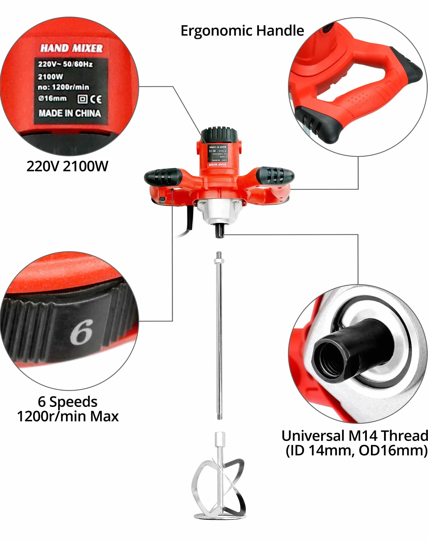 QWORK® Miscelatore Malta Elettrico - 220V 2100W 1200r/min 6 Velocità - Attacco M14 - per Malta, Cemento, Intonaco, Calcestruzzo, Vernice