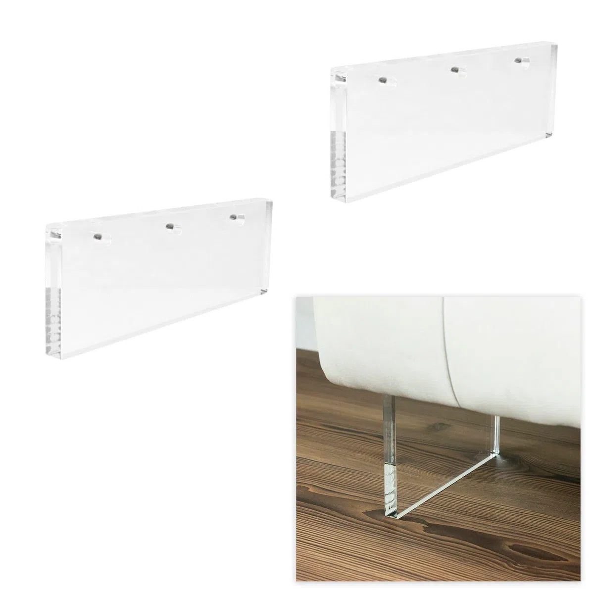 P17 - ANNA | SET: 2 Piedi in plastica + 8 Staffe + 4 Viti + 4 Bulloni + 4 Guarnizioni | Dimensioni: Altezza 7 cm Lunghezza 22 cm Spessore 1,5 cm | Finitura: Trasparente | Effetto Letto/Divano Sospeso
