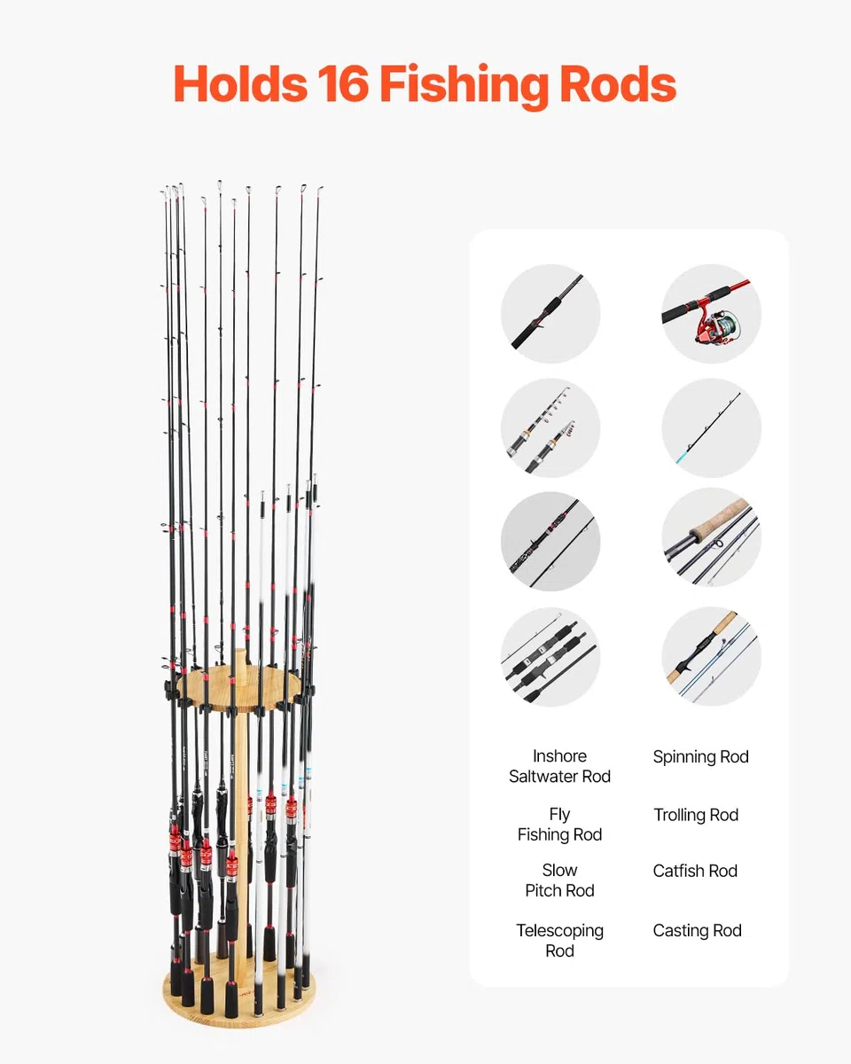 VEVOR Portacanne da Pesca per 16 Aste 330 x 770 mm Supporto in Legno Girevole a 360°, Rotondo, per Organizzare e Riporre Canne, Supporto da Pavimento Salvaspazio per Attrezzatura da Pesca