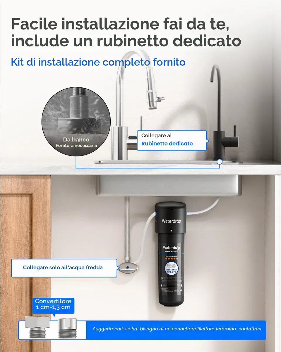 Waterdrop 10UB Filtro dell'Acqua Sistema Inferiore con Rubinetto Dedicato, NSF/ANSI 42 Certificato, 11000 Galloni ad Alto Contenuto di Cloro Capacità di Riduzione del Cloro, Tecnologia USA