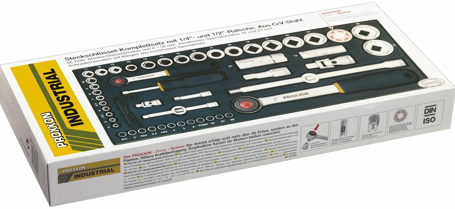 PROXXON 23040 Set Completo Chiavi a Tubo, 1/4" e 1/2", 56 Pezzi, 0 V, Nero, Set di 56