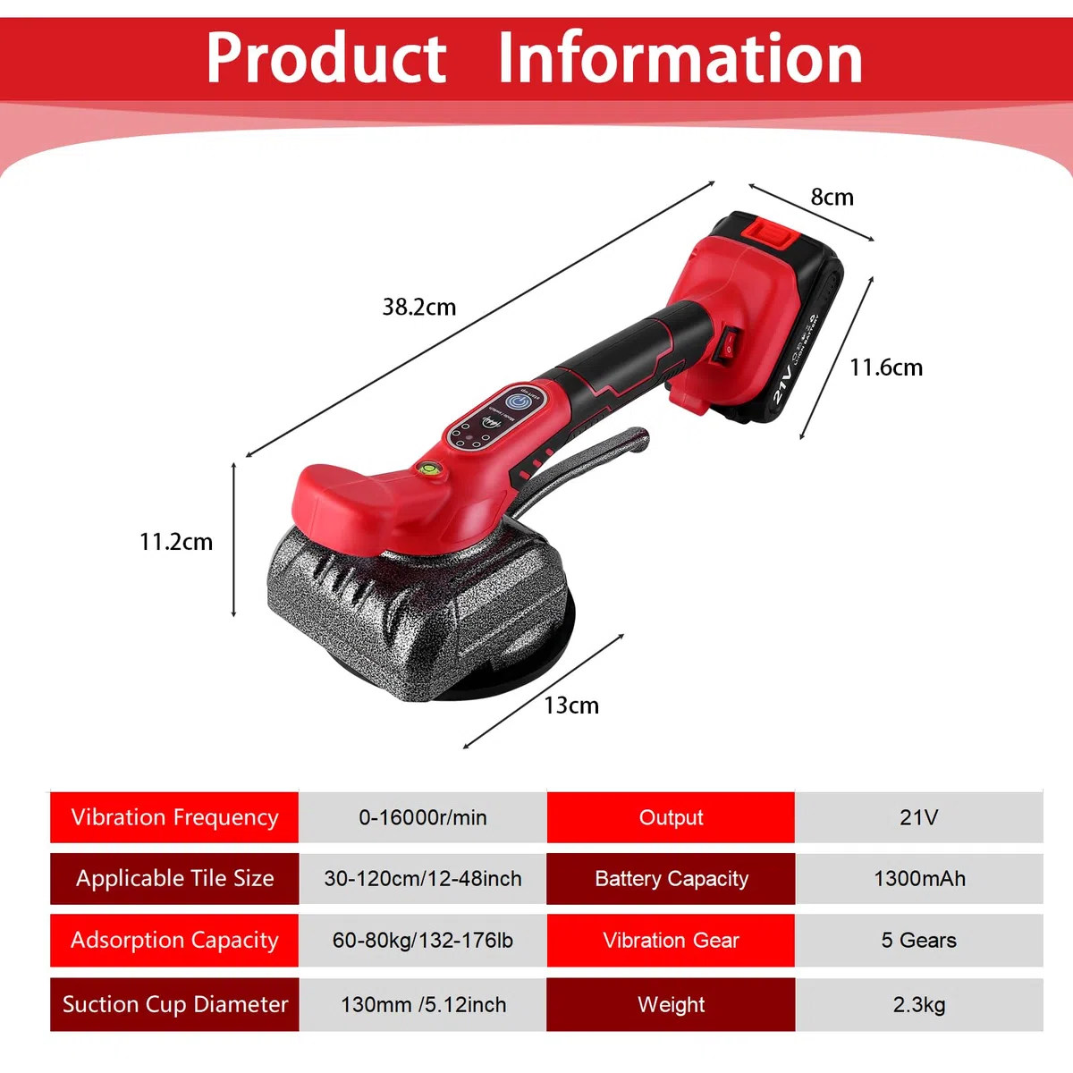 Vibratori per Piastrelle a Batteria,EUWLY Piastrellatrice per piastrelle da 21 V Elevata capacità di carico Piastrelle per pavimenti da parete Posa di utensili vibranti Strumenti con ventosa, QA2364X