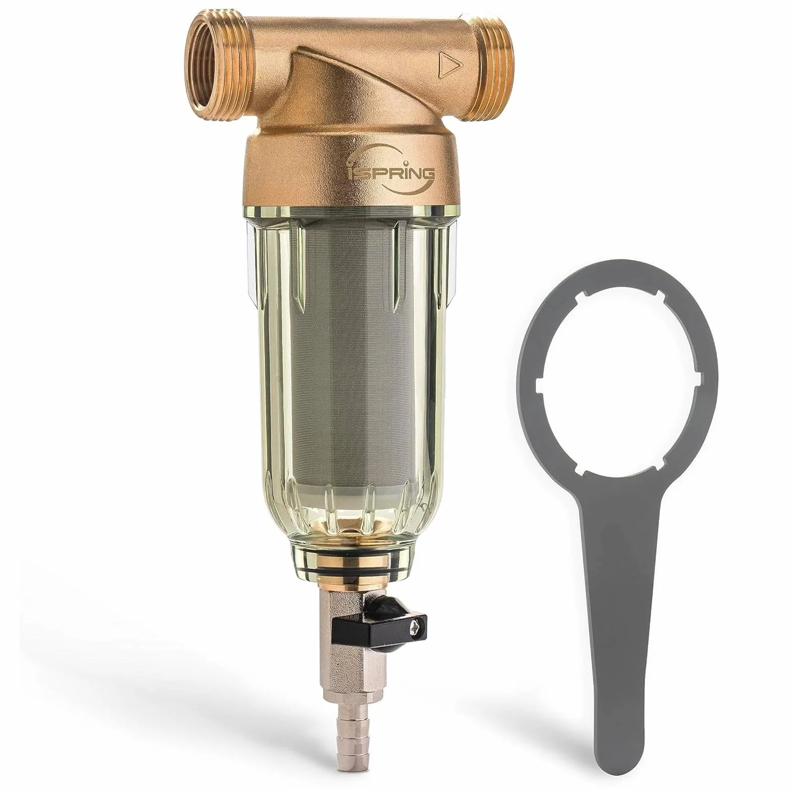 iSpring WSP-100 Filtro per Acqua a Sedimento Centrifugo Riutilizzabile per Tutta la Casa, Prefiltro Lavabile da 100 Micron, G 1" - 3/4", Ottone