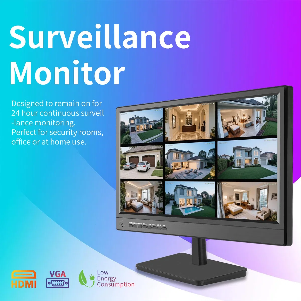 Jexiop - Monitor di sicurezza da 17 pollici, supporto USB a parete, riproduzione video full format, monitor CCTV con ingresso AV/HDMI, uscita VGA/cuffie, altoparlante