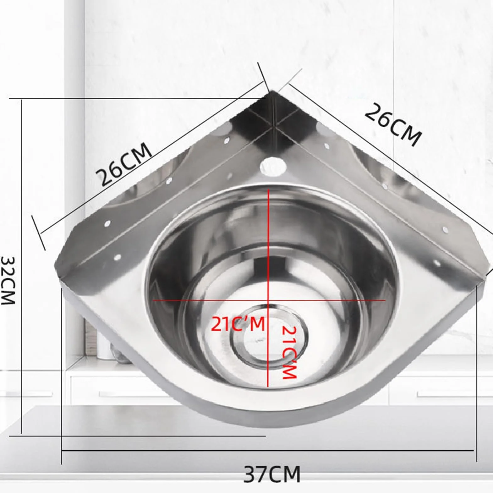 Lavabo Angolare in Acciaio Inox, Triangolare, A Parete, 26x26 cm, Per Bagno, Wc, Garage, Camping-Car, Barca