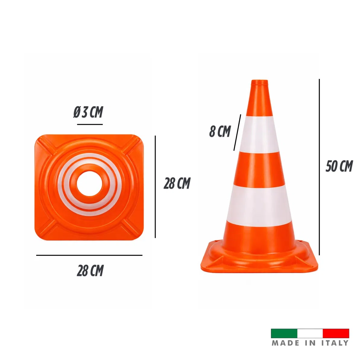 Coni Stradali Segnaletici 50 Cm Riflettenti Set da 10 Spartitraffico Traffico Made In Italy Arancione e Bianco Plastica Resistente Delimitatori Cono Parcheggi Cantieri Sicurezza