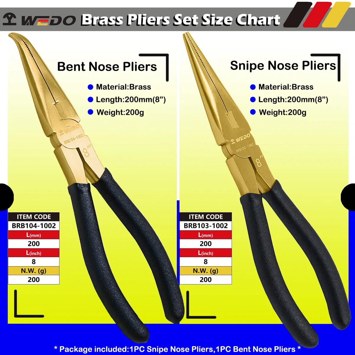 WEDO Set di pinze in ottone con manico antiscivolo, 20,3 cm e pinze a becchi piegati, 200 mm