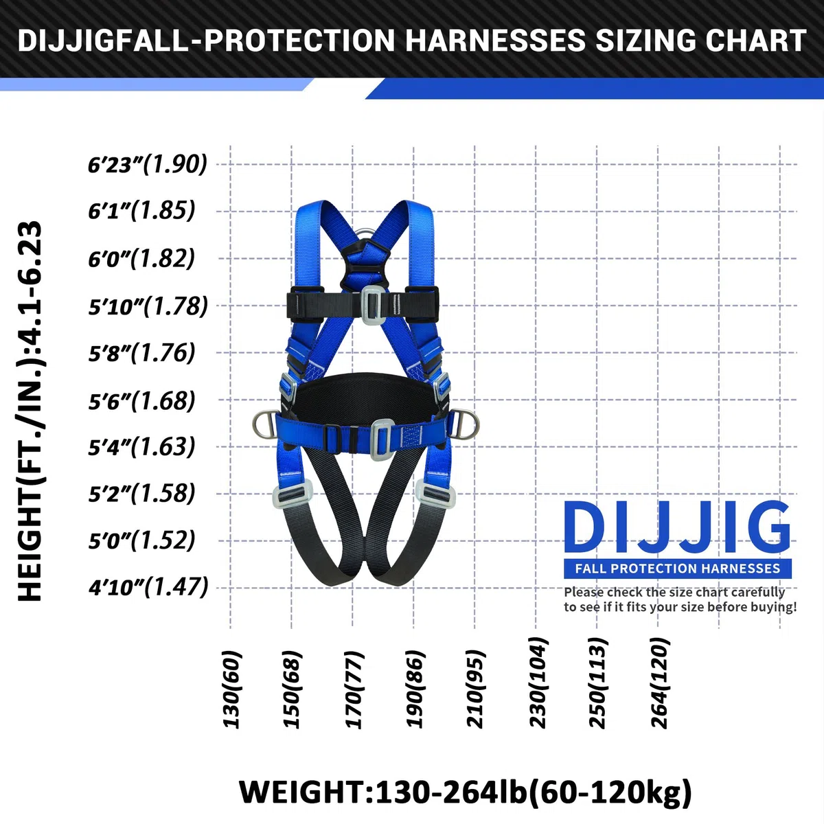 DIJJIG Kit di Imbracatura di Sicurezza Anti-Caduta con Cordino da 1,8 m, Regolabile, Protezione Addominale Spessa, Utilizzato per Operazioni ad Alta quota, Edilizia, Potatura Alberi, Certificazione CE