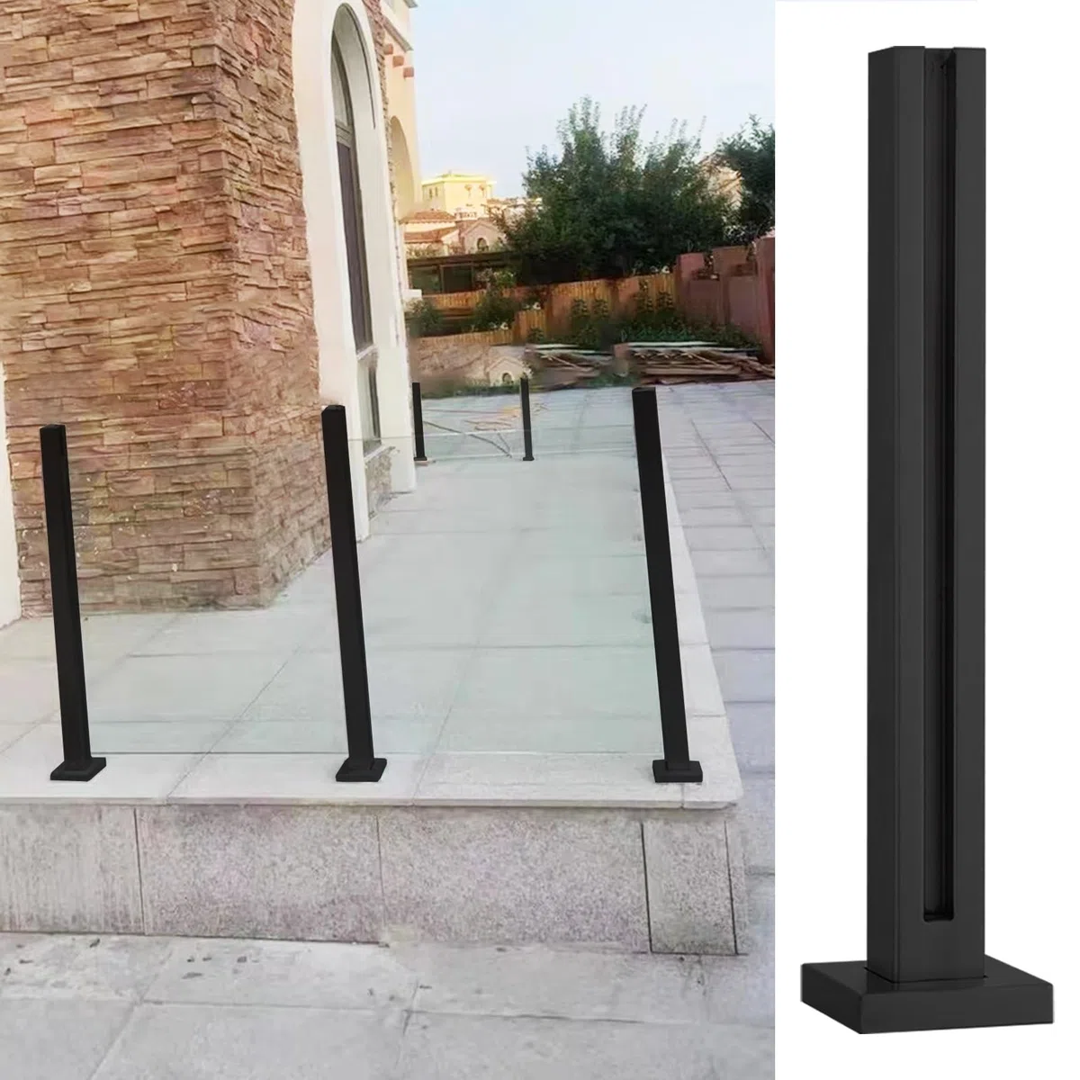 Ringhiera in Vetro Pali per Balaustre in Vetro Nero per Patio Esterno, Palo Resistente Della Ringhiera di Vetro, Parapetto per Palo di Recinzione in Vetro con Base ＆ Viti, Formato Personalizzato ( Col