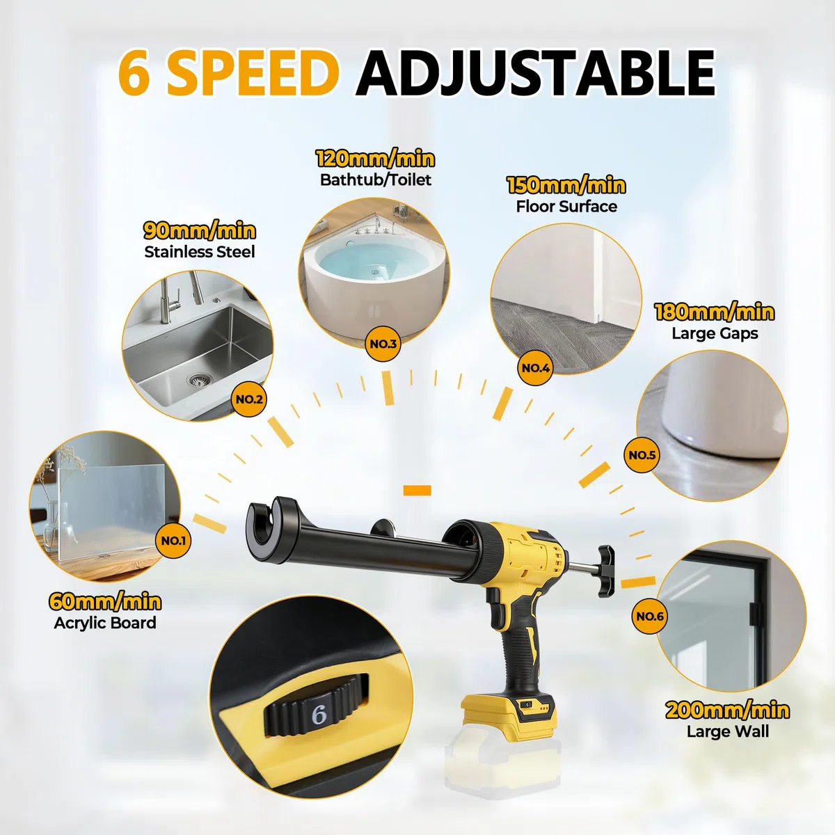Pistola per sigillatura senza fili per Dewalt, applicatore elettrico per pistola sigillante siliconica per cartucce da 300 ml con 6 velocità regolabili, display digitale, luce LED e antigoccia per