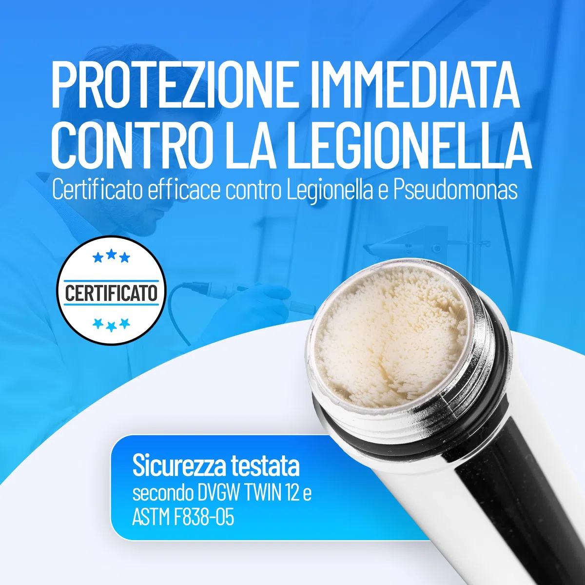 sanquell Testa Doccia Premium, Filtro antilegionella, Chrome plated, 1 getto, 1 impostazione, Moderno, Metallo, Cromo, Massaggio, 15 x 35 cm, Angolo