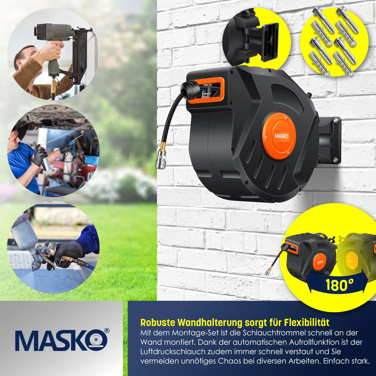 MASKO® Avvolgitore per tubo ad aria compressa automatico Attacco 1/4 - Avvolgitubo Portatubo a muro Avvolgitore per tubo Avvolgitore per tubo ad aria compressa, blu, 10m
