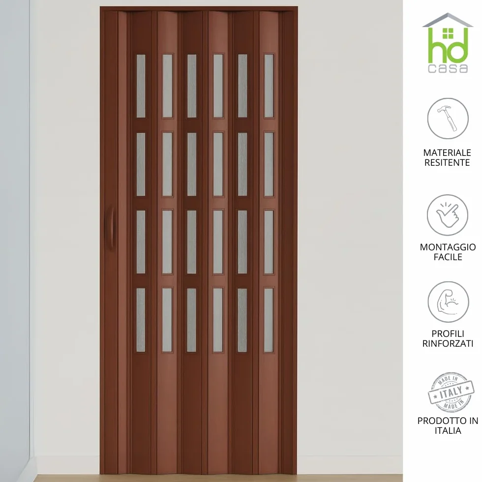 HD CASA Porta a Soffietto Modello Extra Standard, in PVC con Vetri Trasparenti, Reversibile e Regolabile in Altezza e Lunghezza, Fai da Te, Made in Italy, arredo casa, Noce 82x210 cm