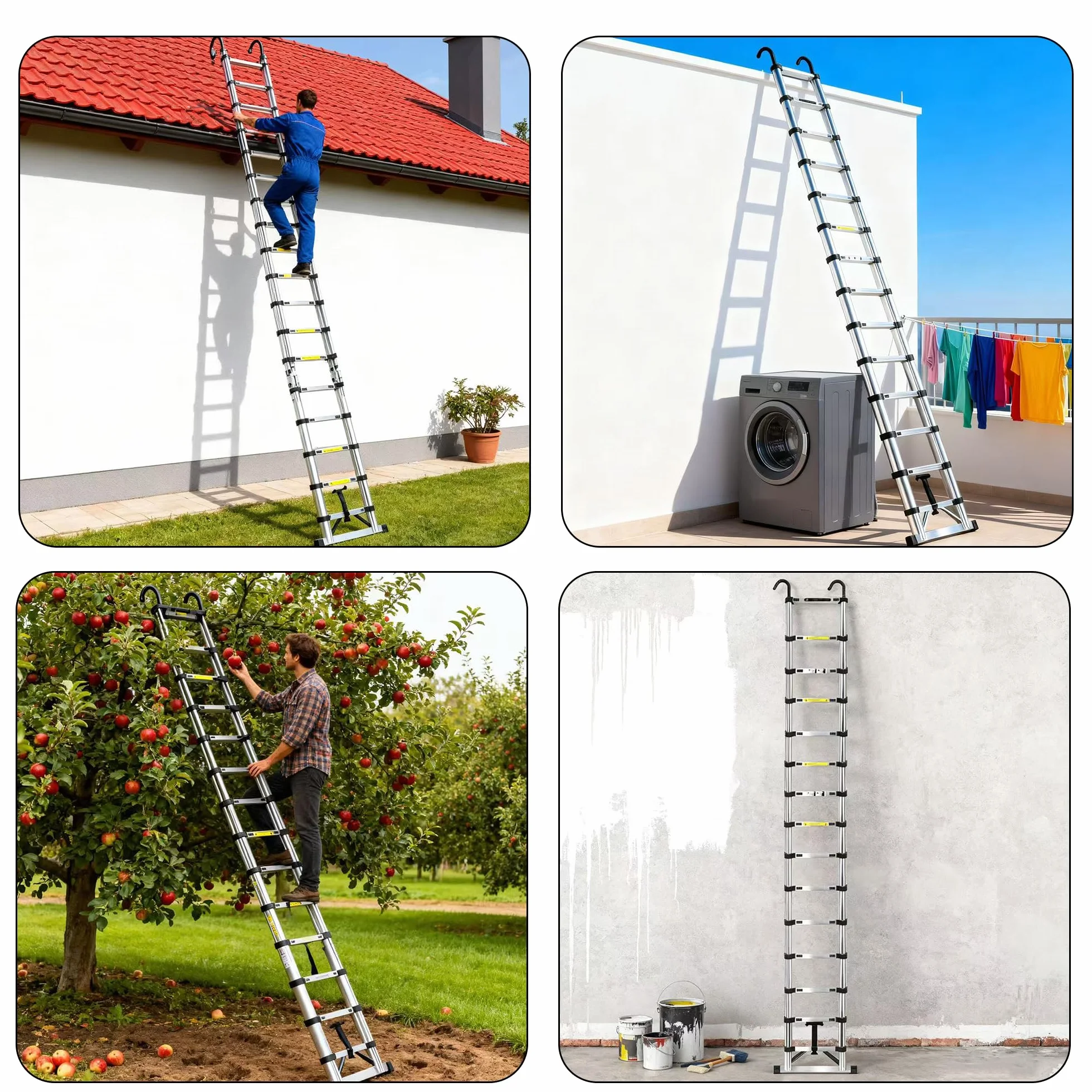3.8m Scala telescopica in Acciaio Inossidabile,Scala Telescopica Pieghevole con Barra Stabilizzatrice Scala Retrattile Adatto per Campeggio Camper Migliorie domestiche Carico 150 KG