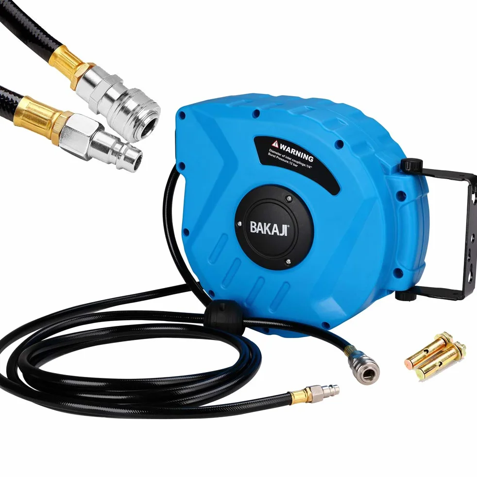 Bakaji Avvolgitubo Aria Compressa con Tubo 10 mt Attacco 1/4" Fissaggio a Parete Muro Sistema blocco automatico, Salvaspazio Accessorio Compressore Aria compressa Pressione Max 12 Bar