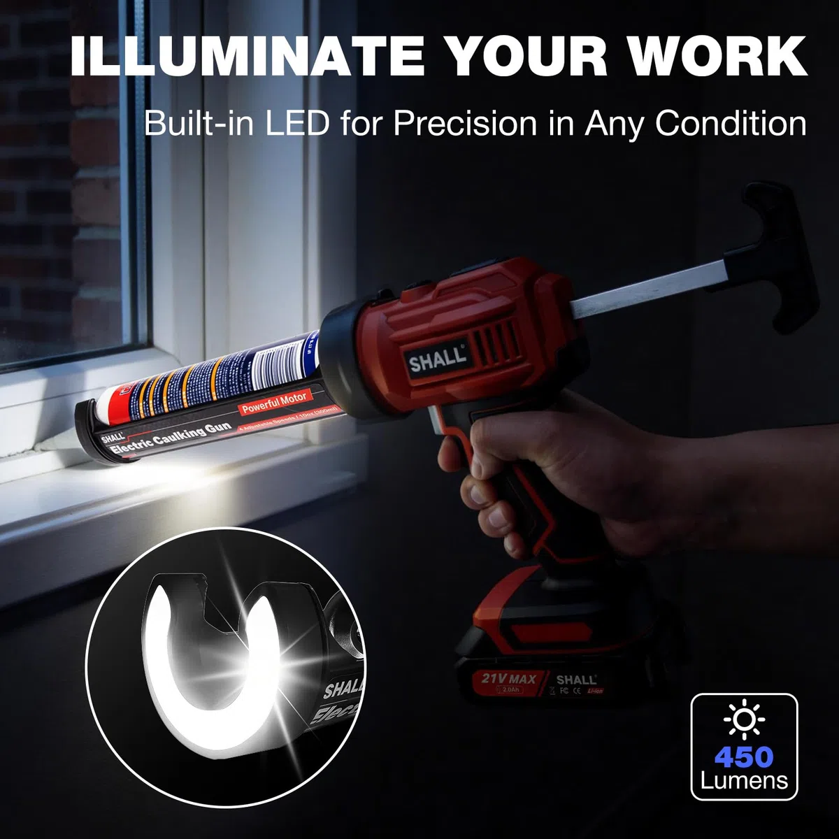SHALL Pistola per sigillante senza fili, pistola elettrica per sigillante da 21 V con luce LED, 4 velocità regolabili, design antigoccia, compatibile con cartucce da 300 ml per sigillare e riempire