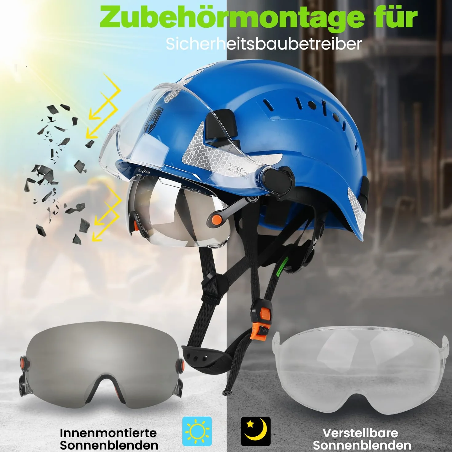 GREEN DEVIL Casco protettivo industriale certificato EN397 & EN166 con visiera colorata + trasparente, casco di sicurezza con doppia visiera per costruzione, artigianato e industriale, casco di