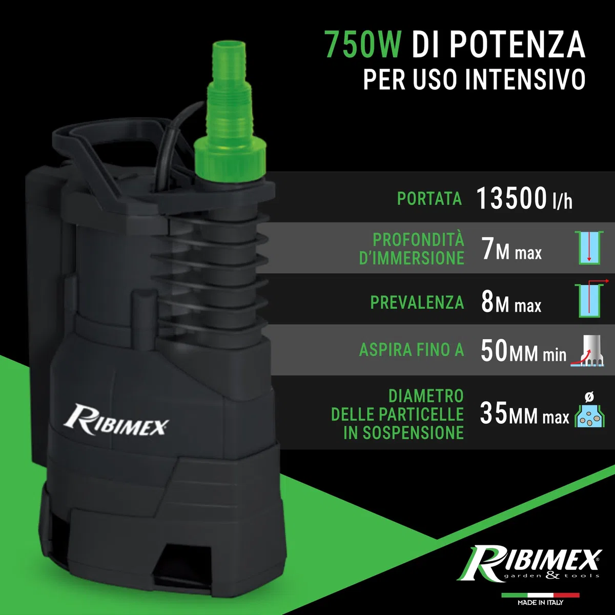 Ribimex Pompa Sommersa per Acque Scure con Particelle fino a 35 mm, 750W, Portata 13.500L/h, Profondità Max 7 m, Prevalenza 8 m, Galleggiante Integrato, Modalità Manuale/Automatica - PRPVC753AS