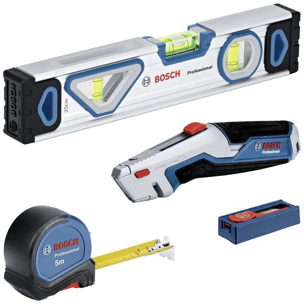 Bosch Professional Set di Utensili Professionali da 13 pz. (incl. Livella a Bolla da 25cm, Metro a Nastro da 5m, Coltello Universale con Lama Estraibile e Set di Lame da 10 pz.