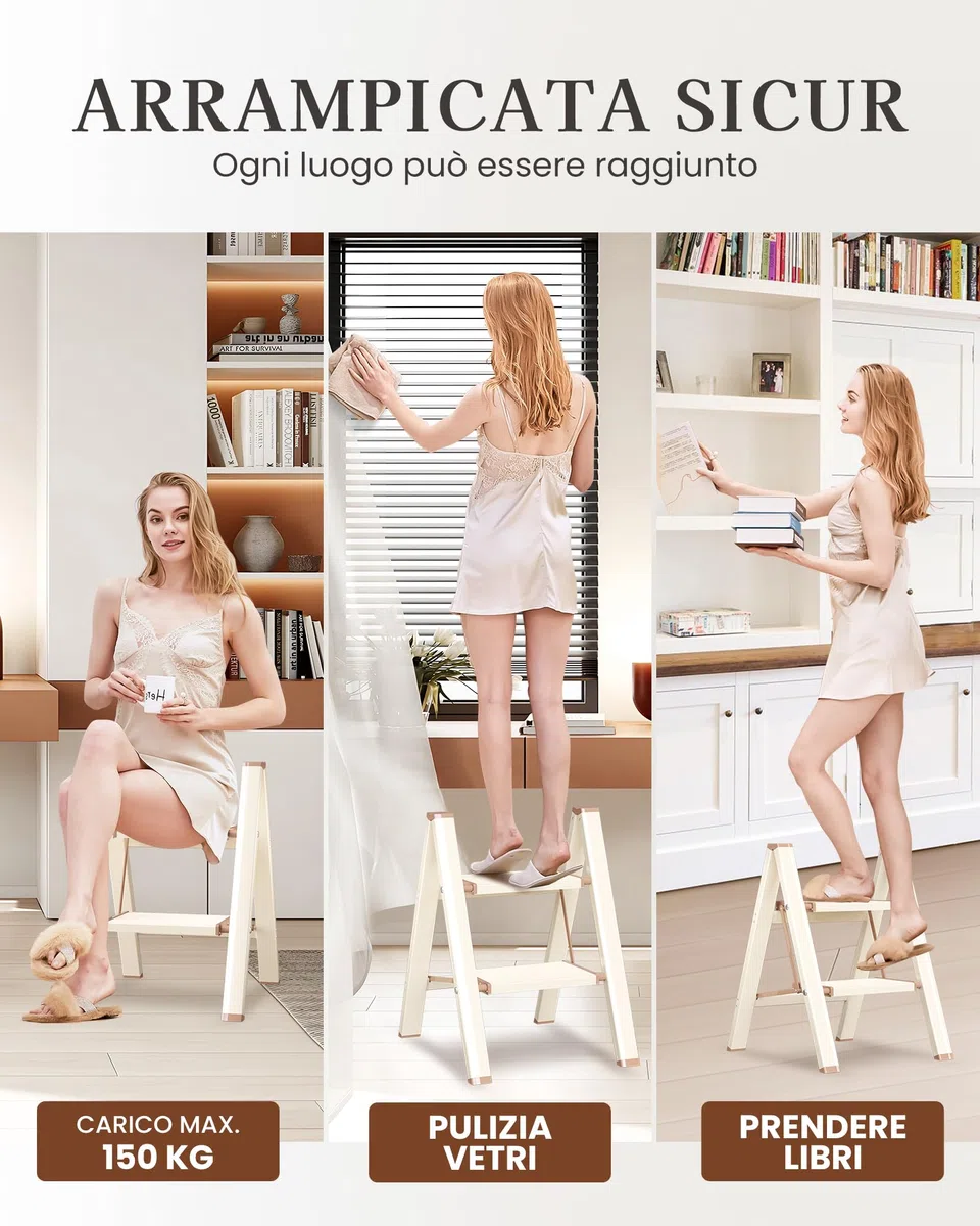 Scala a 2 Gradini, Sgabello Piegevole con Pedale Largo Antiscivolo in Alluminio Leggero ma Resistente, Portata 150 kg, Design Moderno Carino per Spazi Domestici Interni