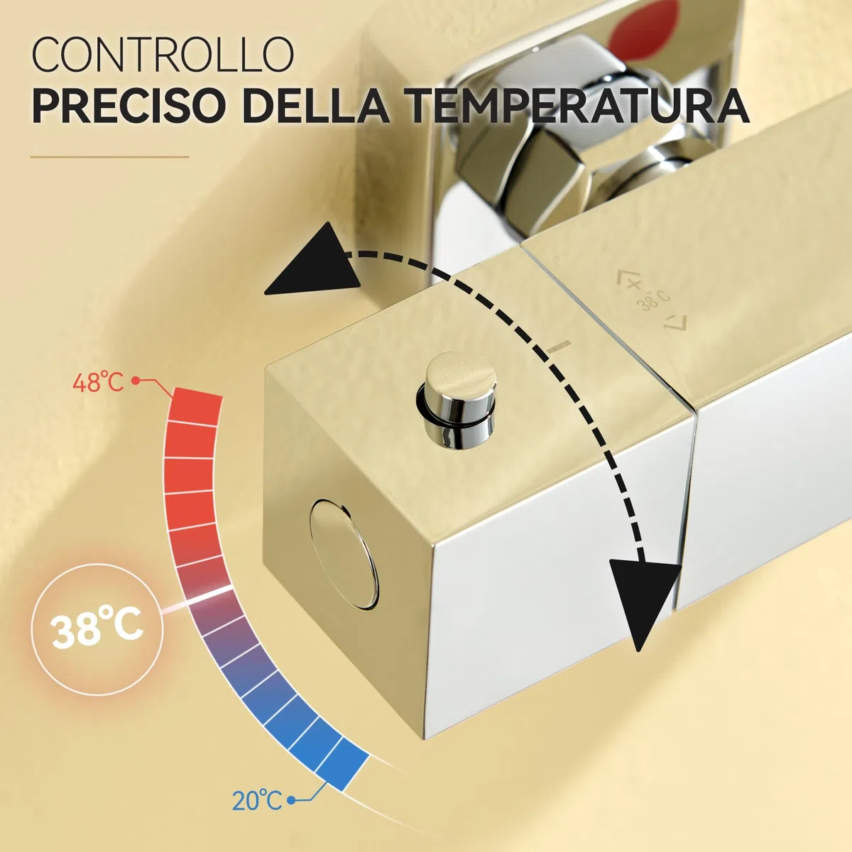Auralum Miscelatore Termostatico Doccia Cromato Rettangolare, Rubinetto Doccia da Muro Esterno, Miscelatore Doccia con Deviatore per Asta Doccia Saliscendi con Soffione e Doccetta, per Vasca da Bagno