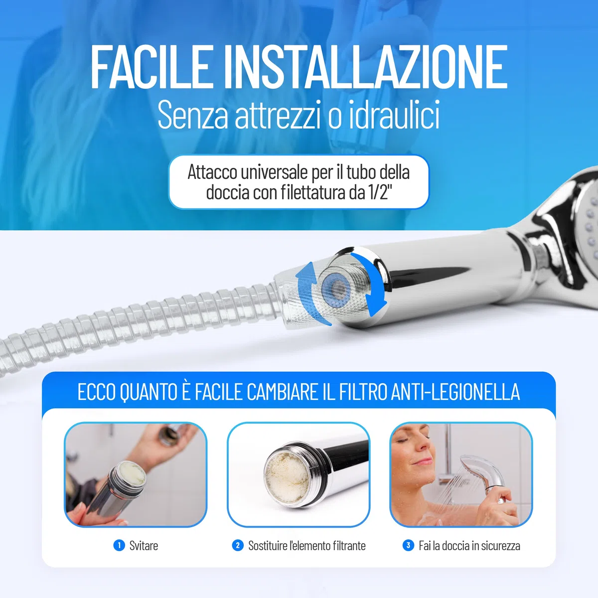 sanquell Testa Doccia Premium, Filtro antilegionella, Chrome plated, 1 getto, 1 impostazione, Moderno, Metallo, Cromo, Massaggio, 15 x 35 cm, Angolo