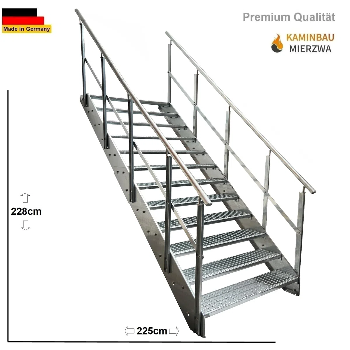 Scala Premium in Acciaio con Ringhiera su Entrambi i Lati Completamente Zincata / 12 Gradini (Larghezza 800 mm) (Altezza 228 cm) Resistente alle Intemperie Gradino a Griglia Scala da