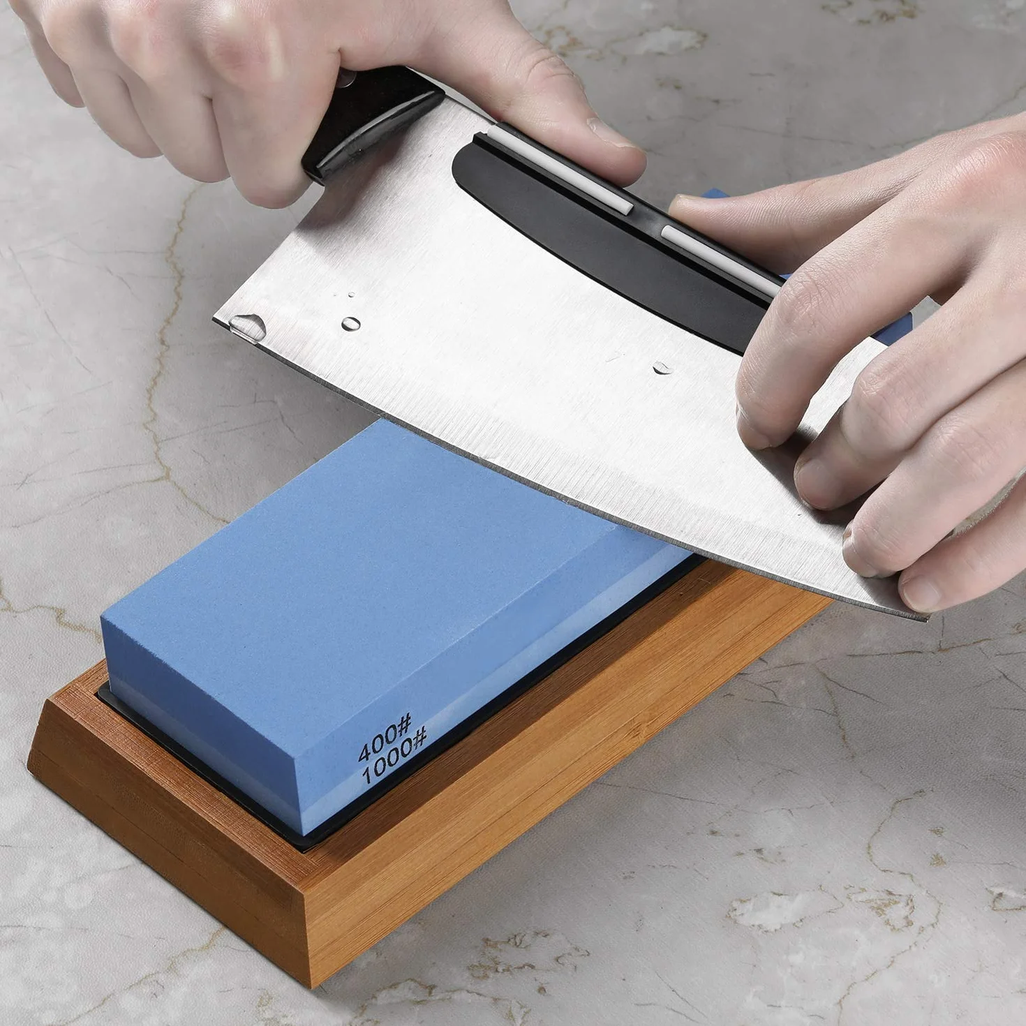 Razorri Solido S2 set di pietre da affilare con base ergonomica in bambù – Pietre abrasive double-face con grana 400/1000, 3000/8000, strisce in pelle, guida angolare (Piatta Base)