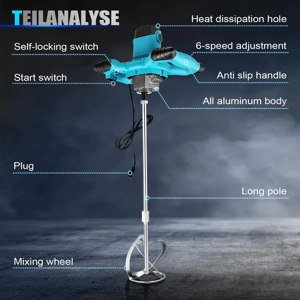 3500W Portatile Betoniera, 6 Velocità Variabili, Max 1500 RPM (g/min), Elettrico Miscelatore per Malta, Mixer per Miscelazione di Malta Vernice Intonaco Malta Cementizia ecc