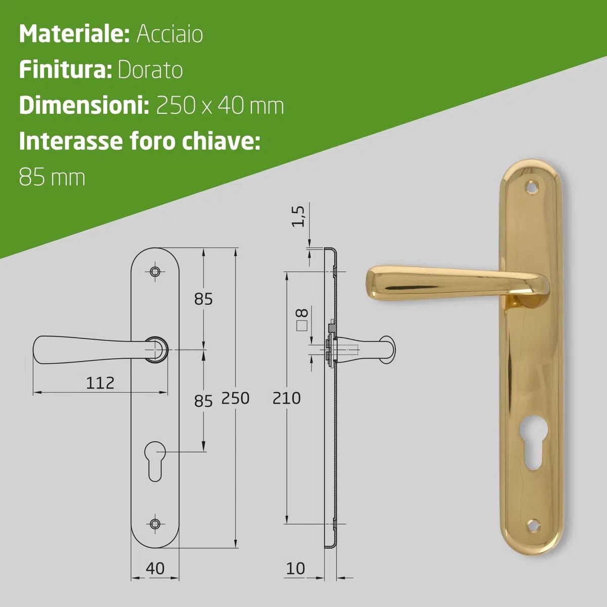 Amig - Set di Maniglie in Ottone - Modello 252 - Misura: 250 x 40 mm - Quadrato 8 mm - Finitura: Lucido