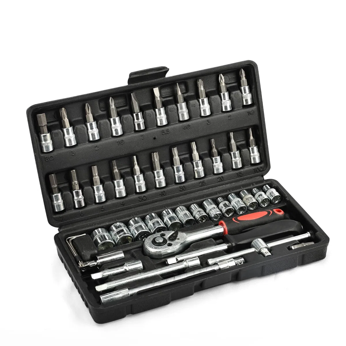 Set di chiavi a bussola, 46 pezzi, cromate da 1/4", piccola scatola a cricchetto con cricchetto reversibile, mini cassetta a cricchetto per la riparazione a casa e fai da te, colore: nero