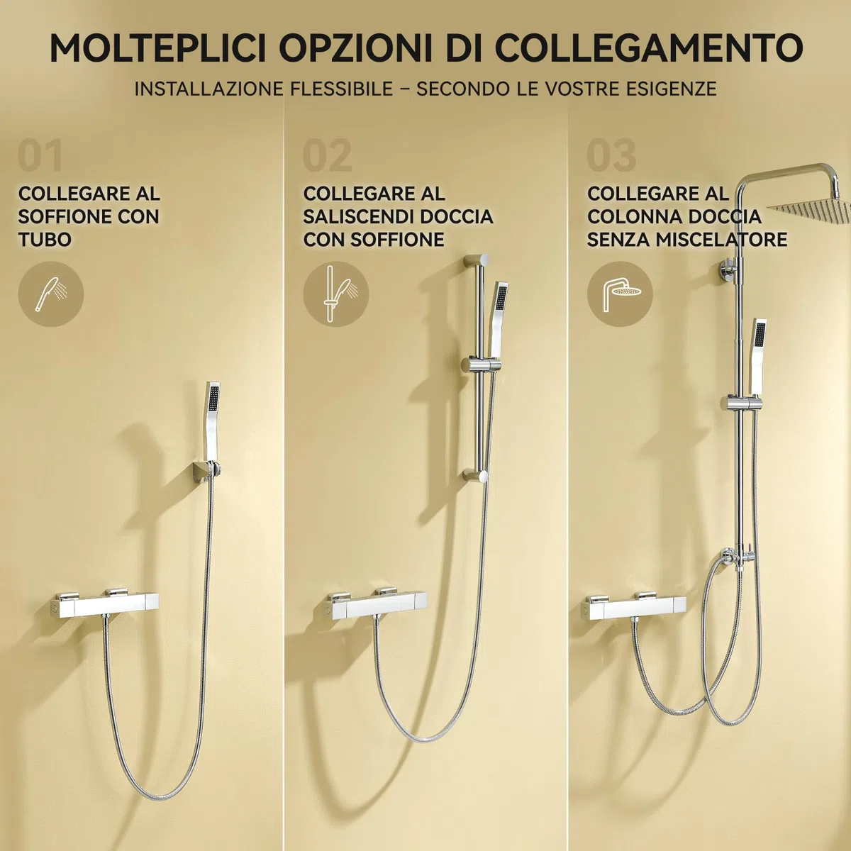 Auralum Miscelatore Termostatico Doccia Cromato Rettangolare, Rubinetto Doccia da Muro Esterno, Miscelatore Doccia con Deviatore per Asta Doccia Saliscendi con Soffione e Doccetta, per Vasca da Bagno