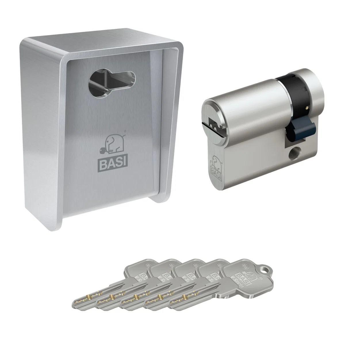 BASI set di chiavi con cilindro a profilo abbinato e 5 chiavi reversibili, acciaio inox di alta qualità, cassetta per chiavi per interni ed esterni, montaggio a parete