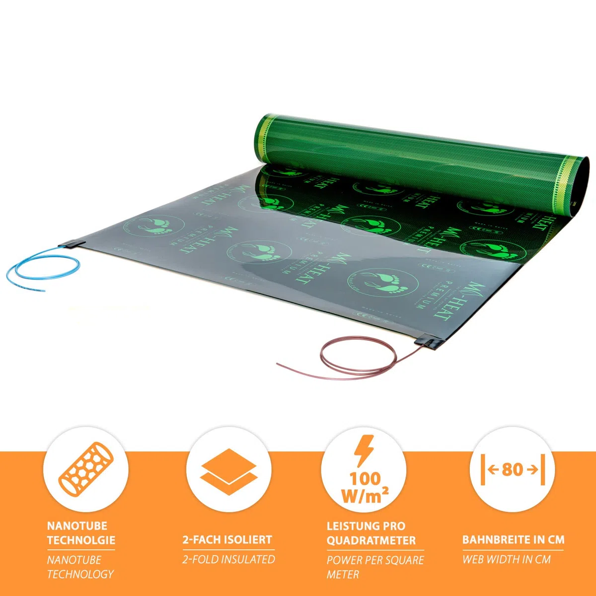 Mi-Heat Premium - Pellicola riscaldante, 2,0 m, 100 Watt/m², larghezza 80 cm, per riscaldamento elettrico a pavimento, per pavimenti in vinile, laminato, parquet, sughero