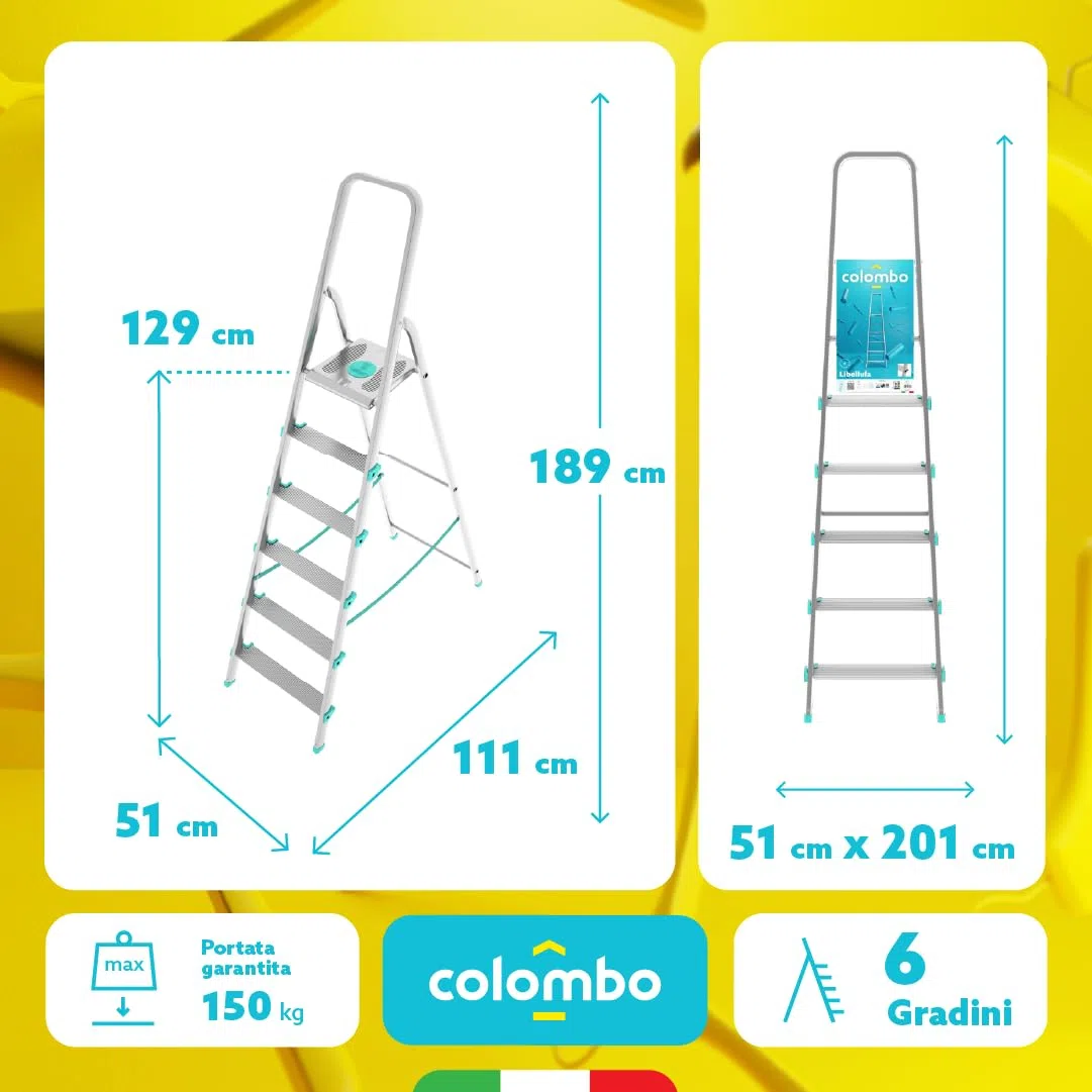 Colombo Scala Pieghevole in Alluminio Libellula 3/4/5/6/7/8 Gradini Senza Rivetti | Scala 6 Gradini, Robusta con Piattaforma Antiscivolo | Portata 150kg | Conforme EN131 TÜV-GS | Made in Italy